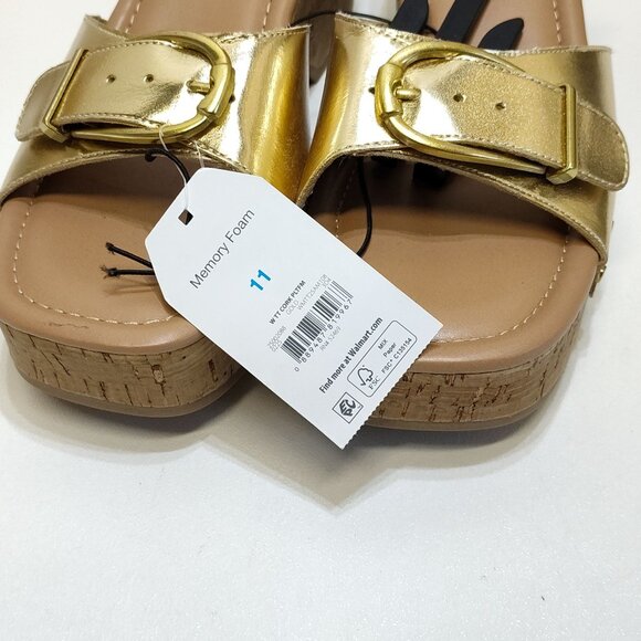 Time and Tru Gold Buckle Cork Wedge Platform Memory Foam Sandals Size 11 NWT - Picture 9 of 9